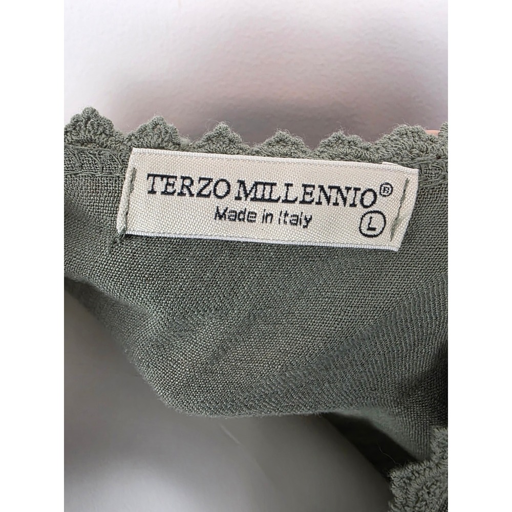 TERZO MILLENNIO Olive Green Linen V Neck Lace Trim Tiered Midi Dress Size L - Picture 7 of 8